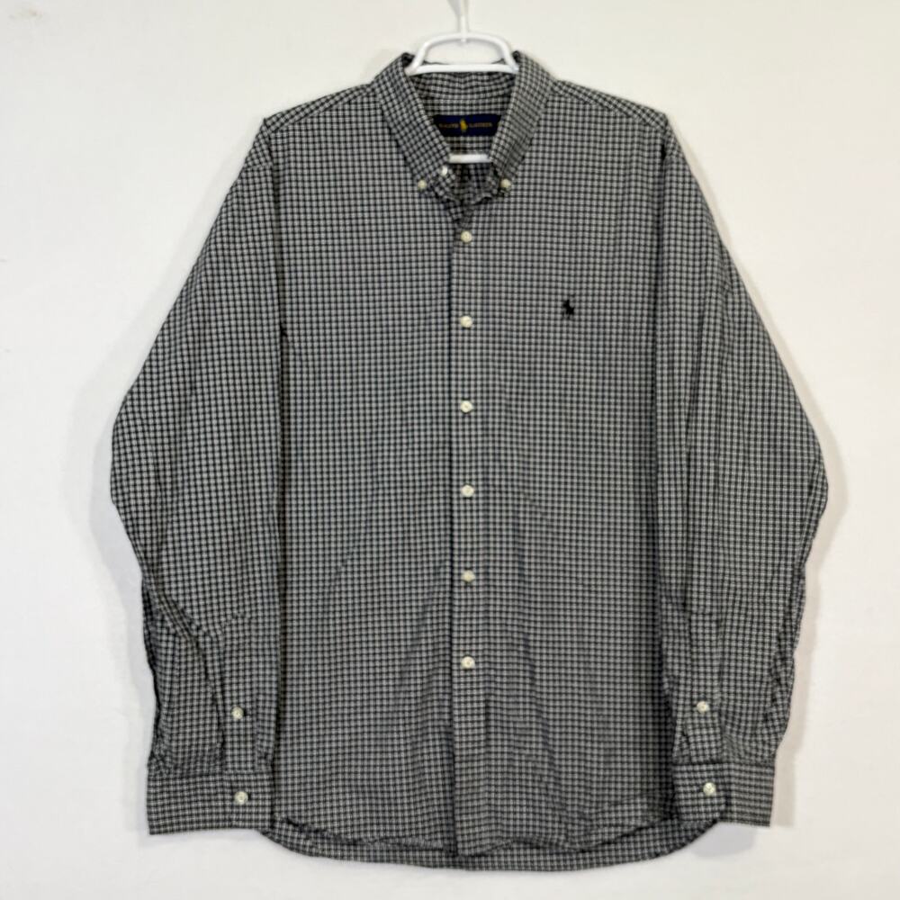 Ralph Lauren Button Down Shirt Mens Large Black White Plaid Pony Long Sleeve
